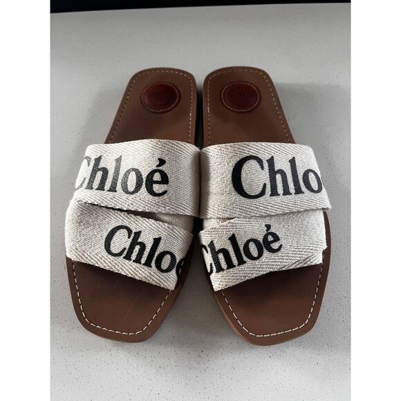 Chloe Woody Flat Logo white Ribbon Slide Sandals Size 39 - Picture 4 of 9